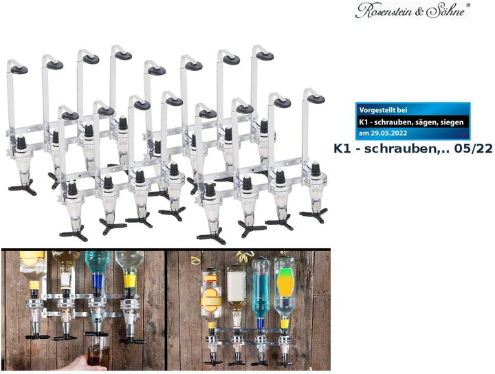 Rosenstein & Söhne Flaschen-Wandhalterungen: 4er-Set Aluminium-Flaschenhalter und Dosierer, je 4-fac