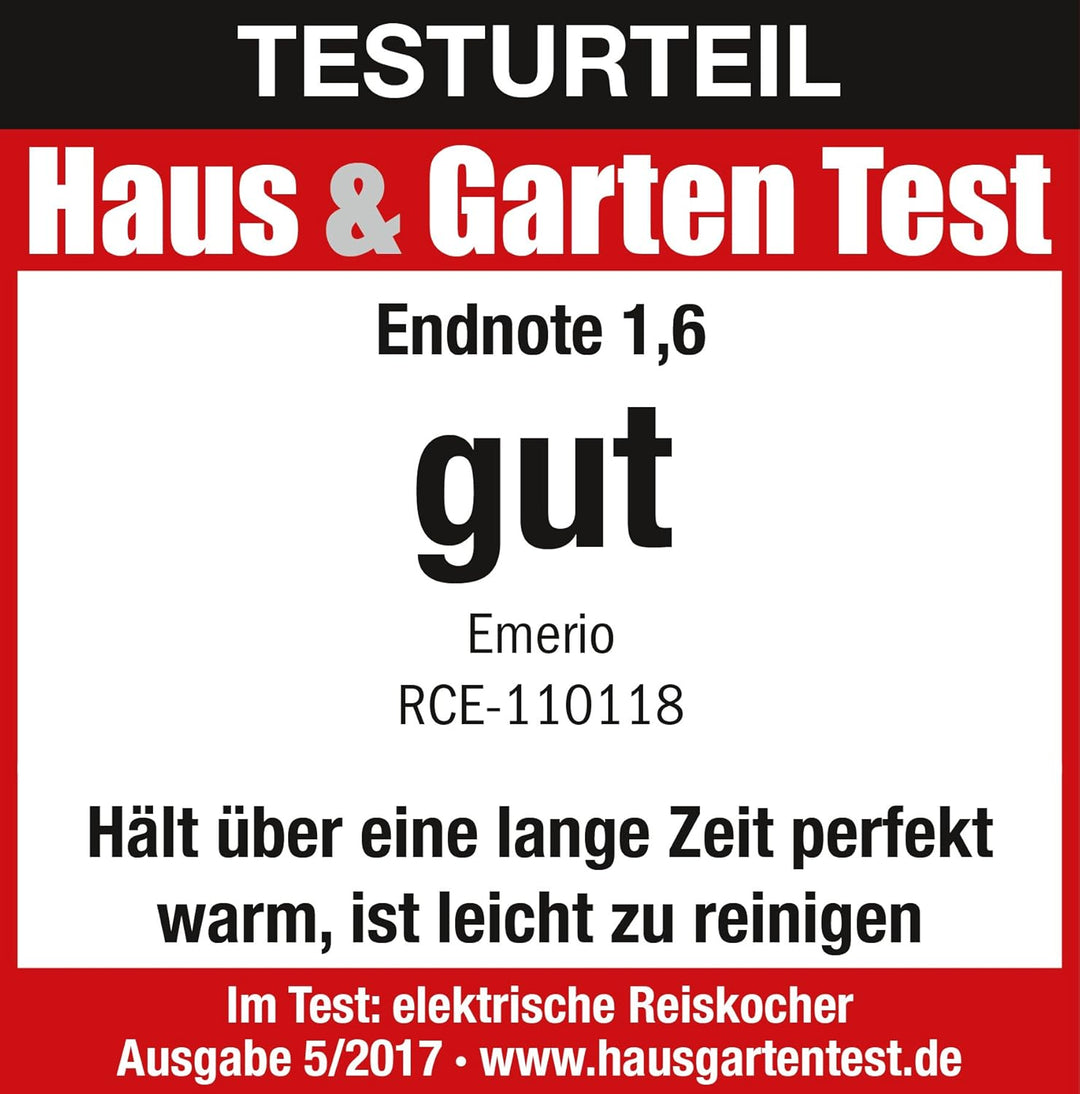 Emerio automatischer Eco Reiskocher, BPA frei, mit 1.5L Volumen, Warmhaltefunktion, Auto Off, Antiha