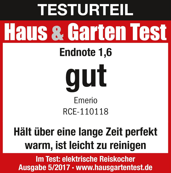 Emerio automatischer Eco Reiskocher, BPA frei, mit 1.5L Volumen, Warmhaltefunktion, Auto Off, Antiha