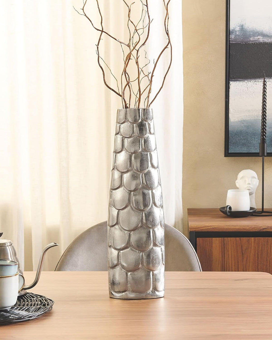 Blumenvase Aluminium silber mit Schuppen Struktur 47cm Handarbeit Deko Sukhothai