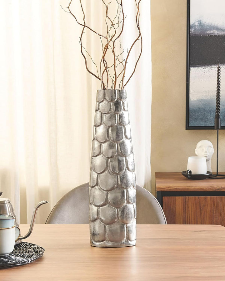 Blumenvase Aluminium silber mit Schuppen Struktur 47cm Handarbeit Deko Sukhothai