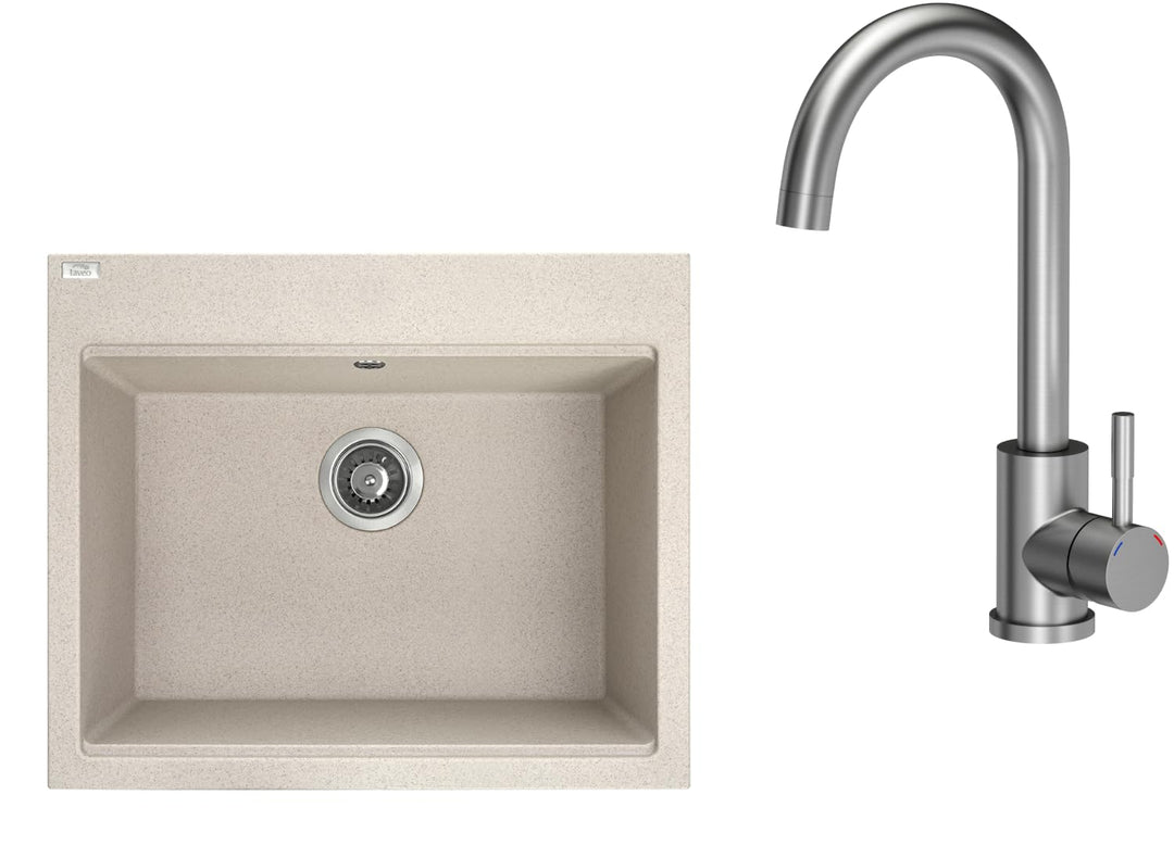 VBChome Spülbecken mit Armatur 60 x 50 cm Beige Einzelbecken Granit Rechteckig Einbauspüle Gesprenke