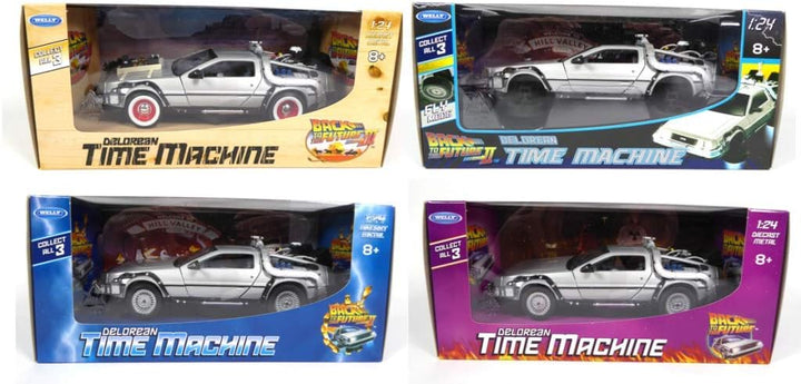 OPO 10 - Welly - Lot von 4 Delorean-Autos von Back to The Future - Filmen - Massstab 1:24 (Ref: L4)