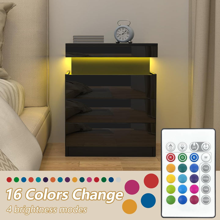 Lvhcmfohm Nachttisch Schwarz 2er Set, Nachtschrank mit Led Licht und Steckdose, Nachtkommode mit 3 S