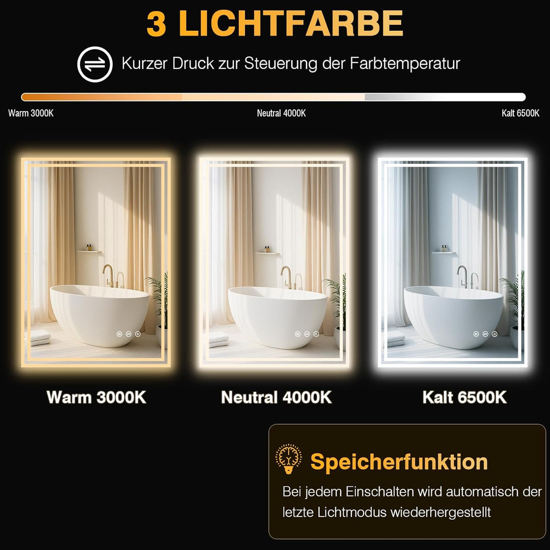 Badspiegel mit Beleuchtung 50x70cm, Spiegel Bad mit Beleuchtung 3 Lichtfarben, Dimmbar, Anti-Beschla