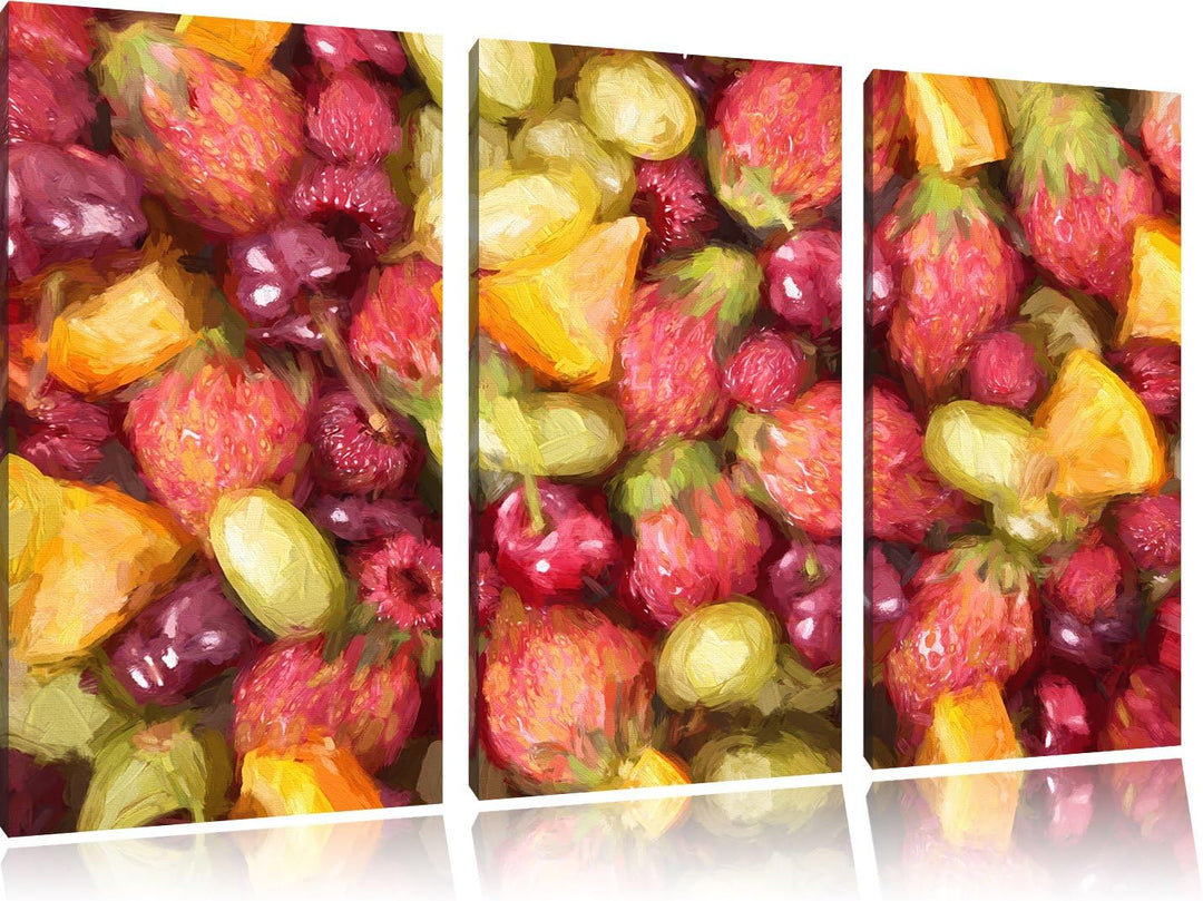 Pixxprint Fruits: Cherry, Strawberry, Orange, Grapes Pinsel Effekt 3-Teiler Leinwandbild 120x80 Bild