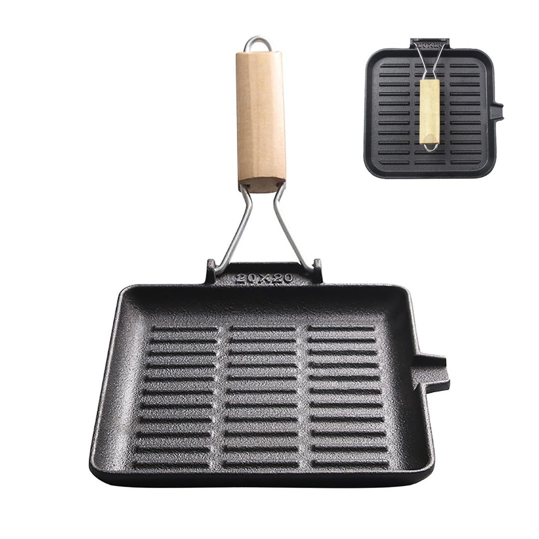 Steakpfanne Gusseisen Grillpfanne Klappbarer Holzgriff: 20×20cm Grill Pan Induktion Viereckige Pfann