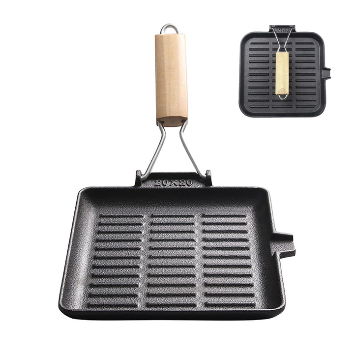 Steakpfanne Gusseisen Grillpfanne Klappbarer Holzgriff: 20×20cm Grill Pan Induktion Viereckige Pfann