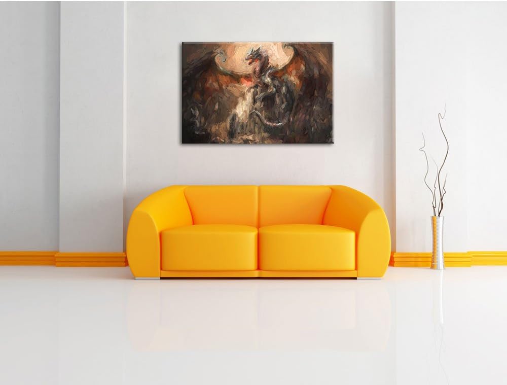 Pixxprint Drache schützend über Burg als Leinwandbild/Grösse: 100x70 cm/Wandbild/Kunstdruck/fertig b