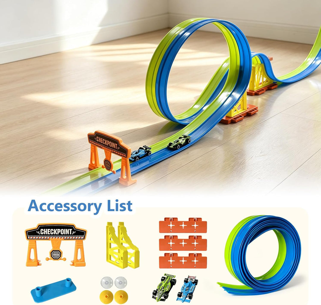 Flexible Autorennbahn Kinder 5 Meter Rennbahn Rennstrecke Auto Spielzeug mit 4 Spielzeugautos 2 Ramp