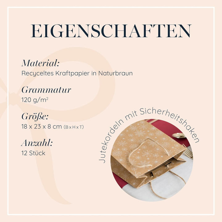 100% Mosel Geschenktüten Weihnachten, in Natur/Weiss, 12 Stück (18 x 23 x 8 cm), Weihnachtstaschen a
