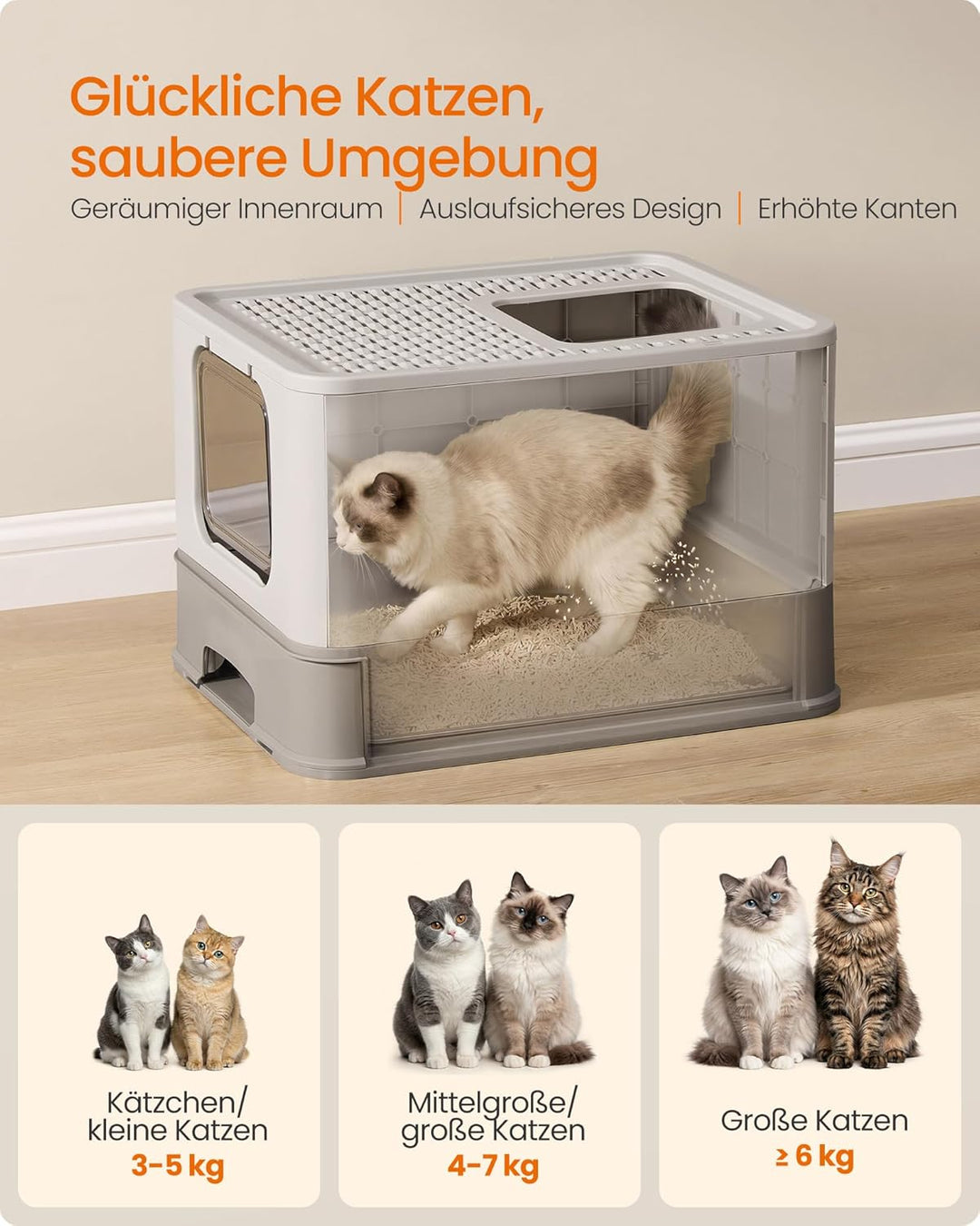 Feandrea Katzenklo Edelstahl, Katzentoilette, mit Deckel, ausziehbares Tablett, Schaufel, Bürste, fü