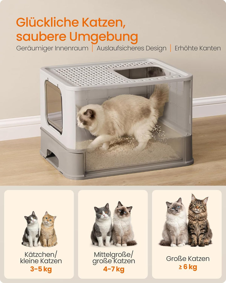 Feandrea Katzenklo Edelstahl, Katzentoilette, mit Deckel, ausziehbares Tablett, Schaufel, Bürste, fü