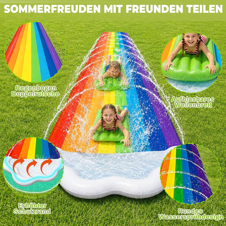 Morofme Regenbogen Wasserrutsche Garten für Kinder, 480x140cm Doppelte Wasser Rutschbahn mit Bodyboa