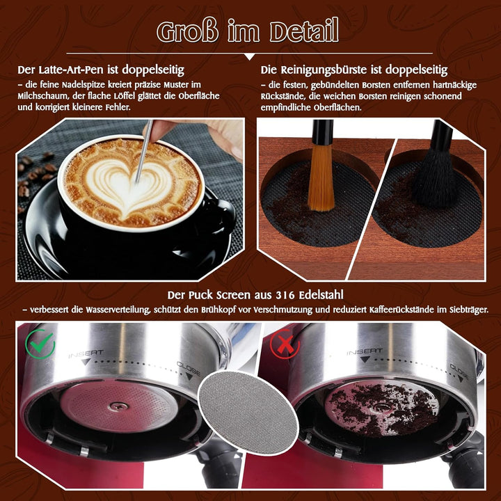 51mm Espresso Zubehör Set 8 teilig mit Holz-Tamperstation, Tamper, WDT Tool, Dosing Ring, Verteiler,