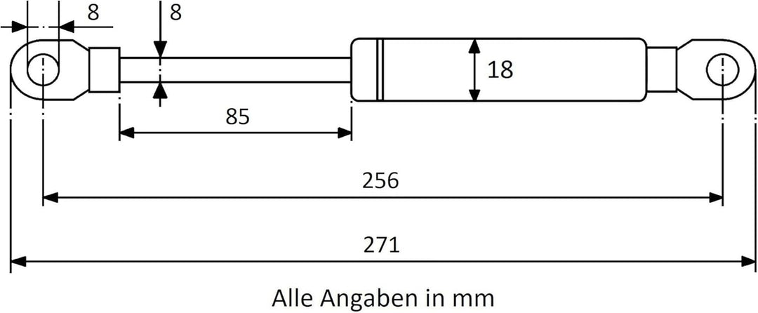 Secuplan Gasdruckfeder 256 mm, 85 mm Hub, 400 N, Ø 8/6 mm, abnehmb. Augen Gasdruckdämpfer, Gasfeder