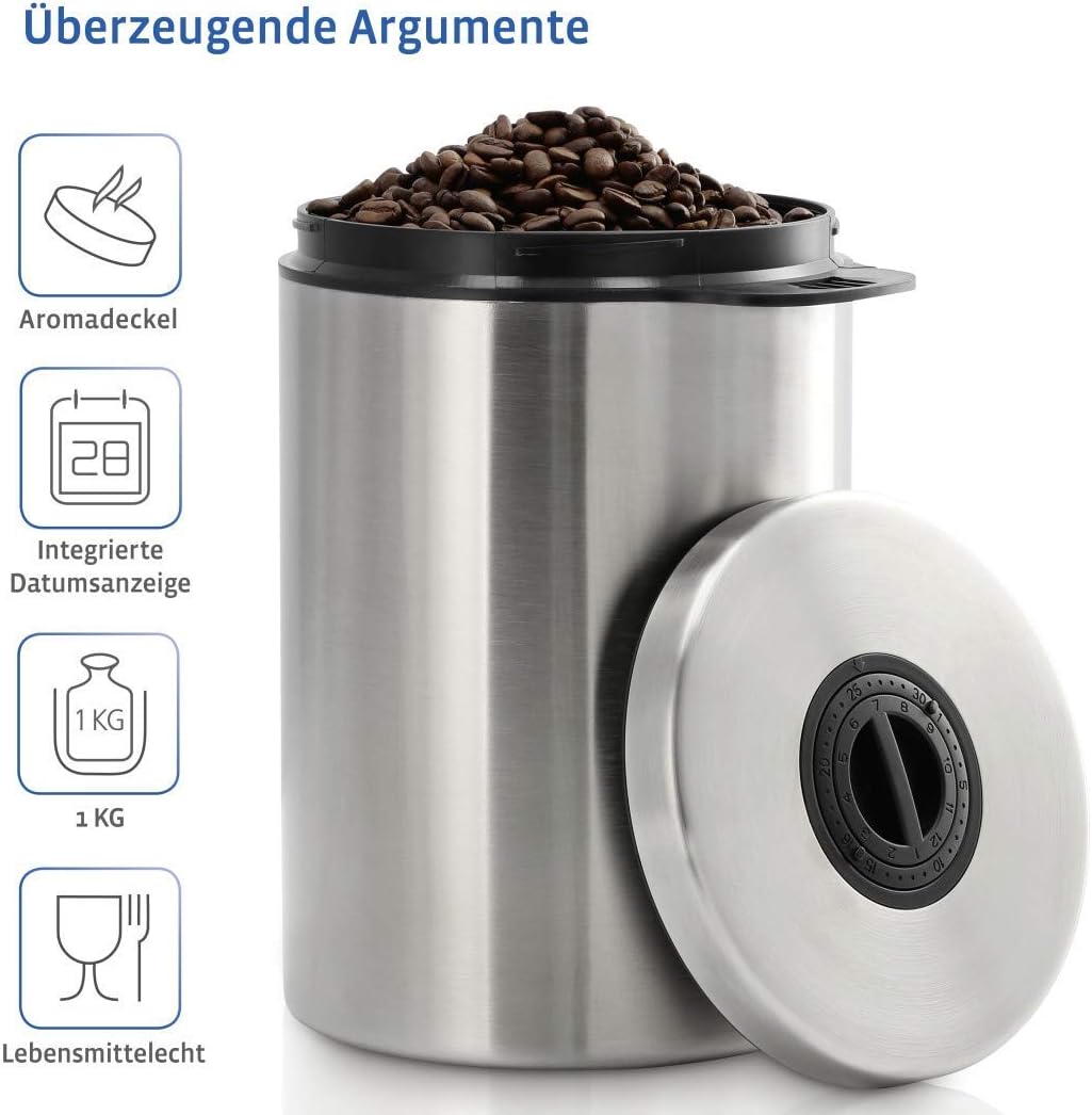 Xavax Kaffeedose luftdicht für 1 kg Kaffeebohnen (Behälter für Kaffee, Tee, Kakao, Nudeln, Edelstahl