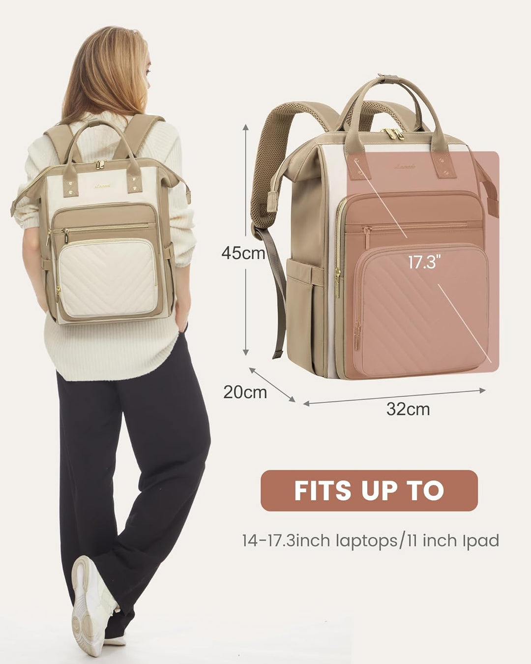 LOVEVOOK Rucksack Damen Gross, 17,3 Zoll Laptop Schulrucksack Mädchen Wasserdicht, Elegant Reiseruck