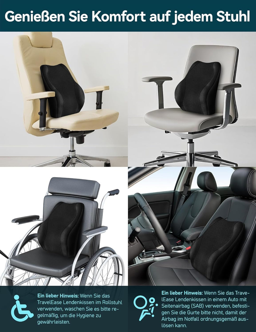 Travel Ease Ergonomisches RückenKissen aus Gel Memory Foam, Lendenkissen für Bürostuhl, Schreibtisch