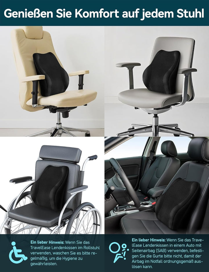 Travel Ease Ergonomisches RückenKissen aus Gel Memory Foam, Lendenkissen für Bürostuhl, Schreibtisch