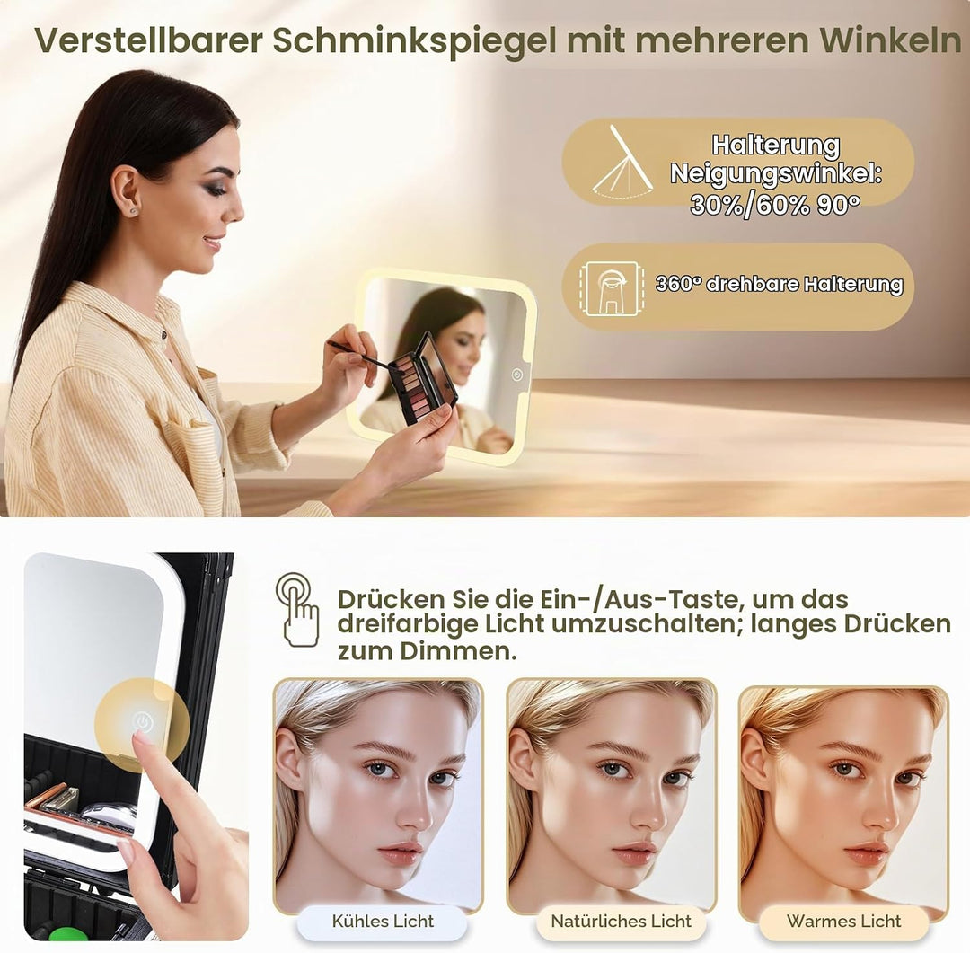 Make-up-Koffer mit beleuchtetem Magnetspiegel, Make up Koffer, Kosmetikkoffer mit 3-Farben-LED-Spieg