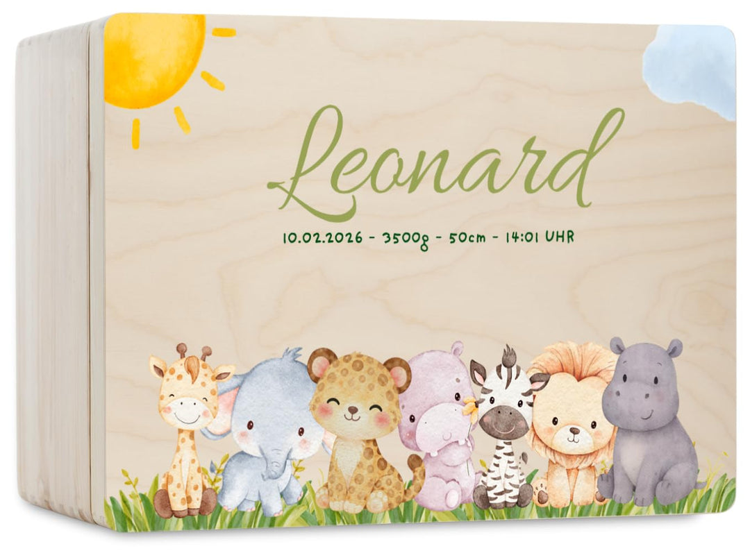 Pinus Personalisierte Erinnerungskiste aus Holz - 30x20x13,5 cm Geschenkbox mit Text zur Geburt, Tau