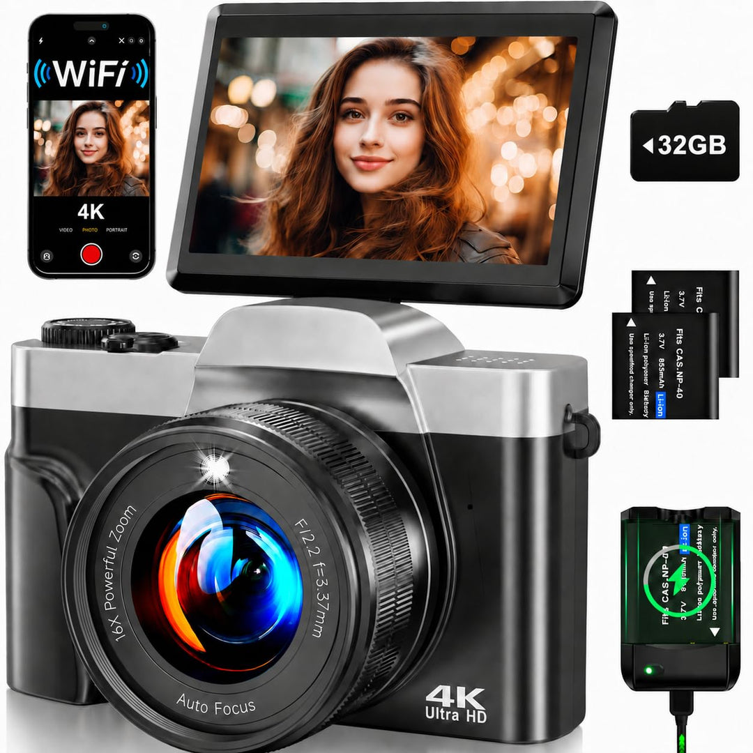 Digitalkamera, 4K 64MP Autofokus Kamera Fotokamera Mit WLAN, 3" 180° Klappbarer Bildschirm Digital K