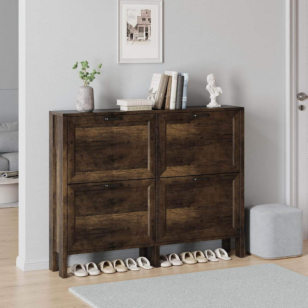 Schuhschrank mit 2 Klappschubladen，120x 81x23cm，Schmaler freistehender Schuh-Organizer，für Eingangsb
