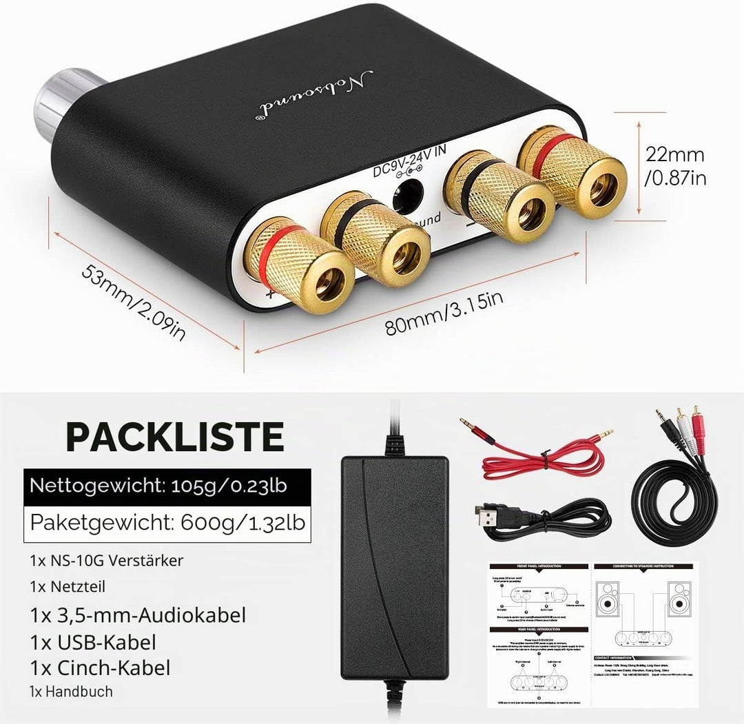 Nobsound NS-10G Mini Bluetooth 5.0 Digitaler Stereo Verstärker 100W HiFi Power Amp mit Netzteil (Sch