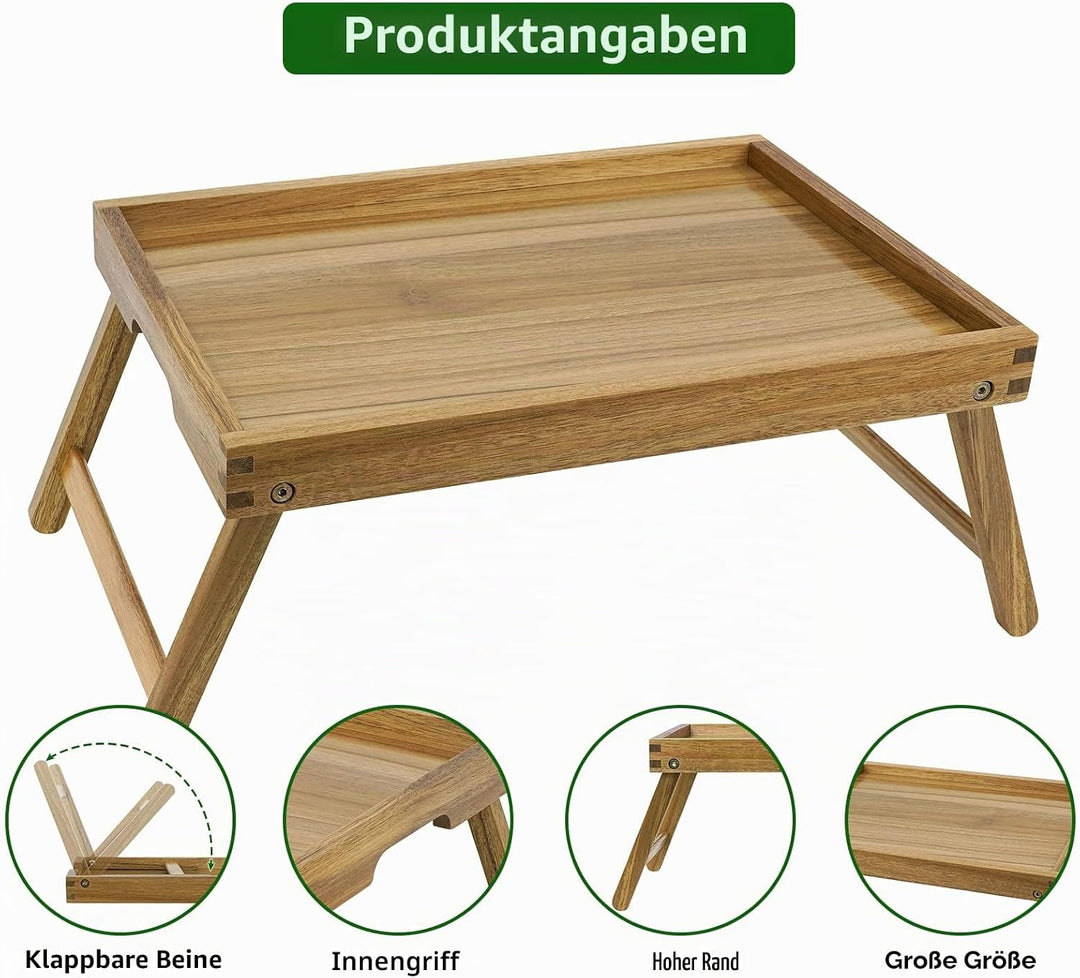 VaeFae Acacia Bed Table Tray, Frühstückstablett aus Holz mit klappbaren Beinen, Betttablett für Esse