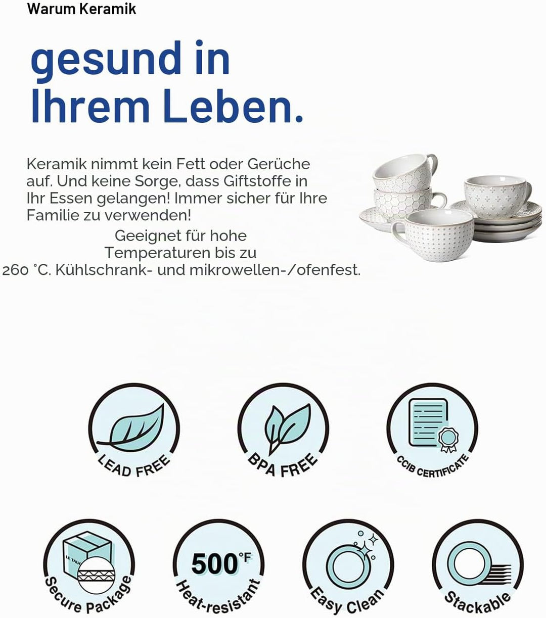 LE TAUCI Cappuccino-Tassen mit Untertassen, Einweihungsgeschenk, Keramikprägung, Kaffeetasse für Au