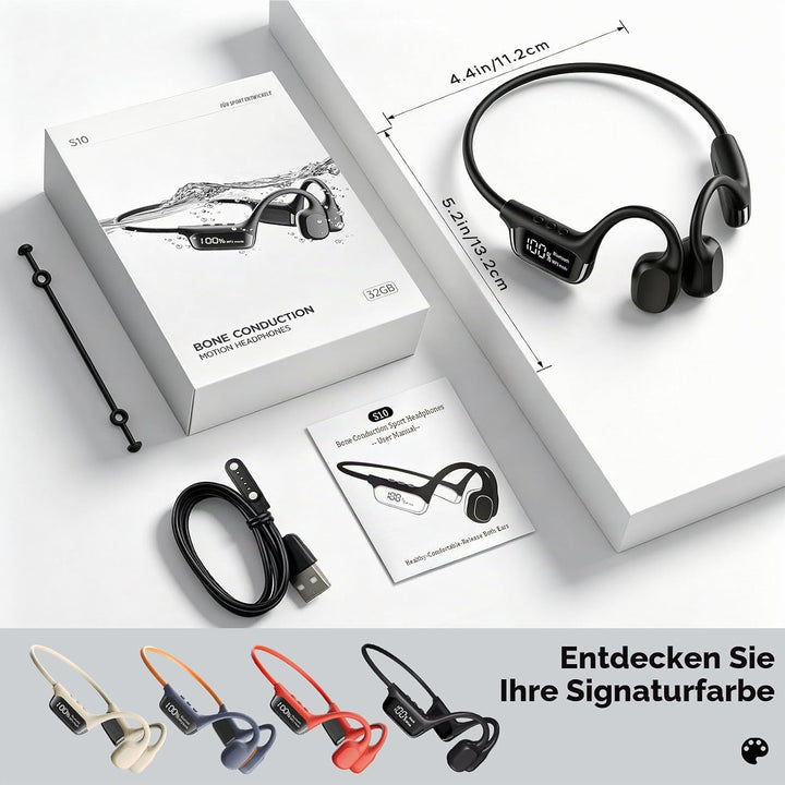 Knochenschall Kopfhörer Schwimmen Bluetooth 5.3, IPX8 Wasserdicht, 32GB MP3 Player, Open Ear Sport K