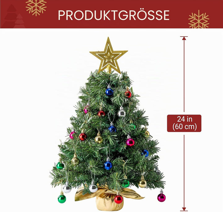 JOIEDOMI Kleiner Weihnachtsbaum mit Lichtern, 61 cm, Tisch-Weihnachtsbaum mit Sternen-Baumspitze und