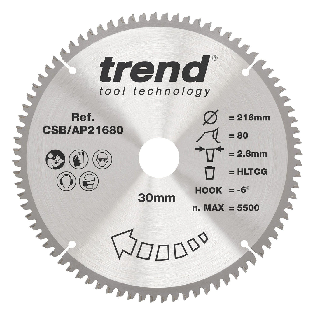 Trend CraftPro Arbeitsplatte Aluminium und Kunststoff TCT Kreissägeblatt, 216mm Durchmesser x 80 Zäh