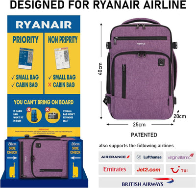 ECOHUB Rucksack 40x20x25 für Ryanair Flugzeug Reiserucksack Handgepäck Gepäck Laptop Daypacks PET-Re