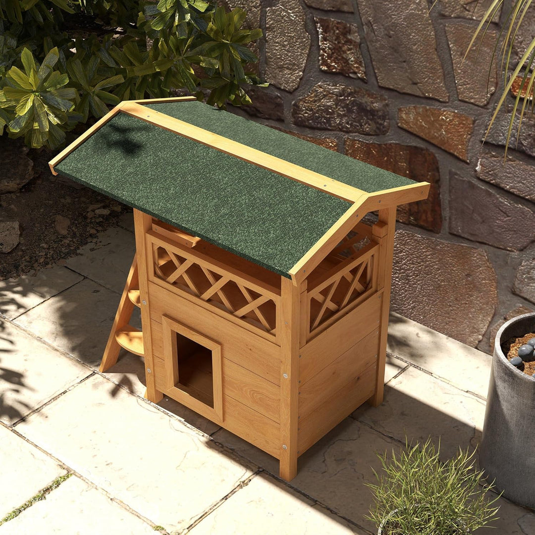 PawHut Katzenhaus aus Holz Winterfest wasserdicht Katzenhütte mit Asphaltdach Terrasse Treppe Katzen