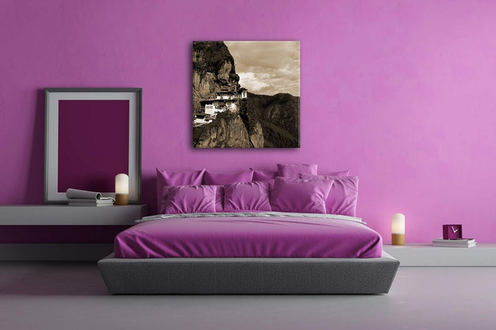 deyoli berühmtes Tigernest Kloster im Himalaya im Format: 70x70 Effekt: Sepia als Leinwandbild, Moti