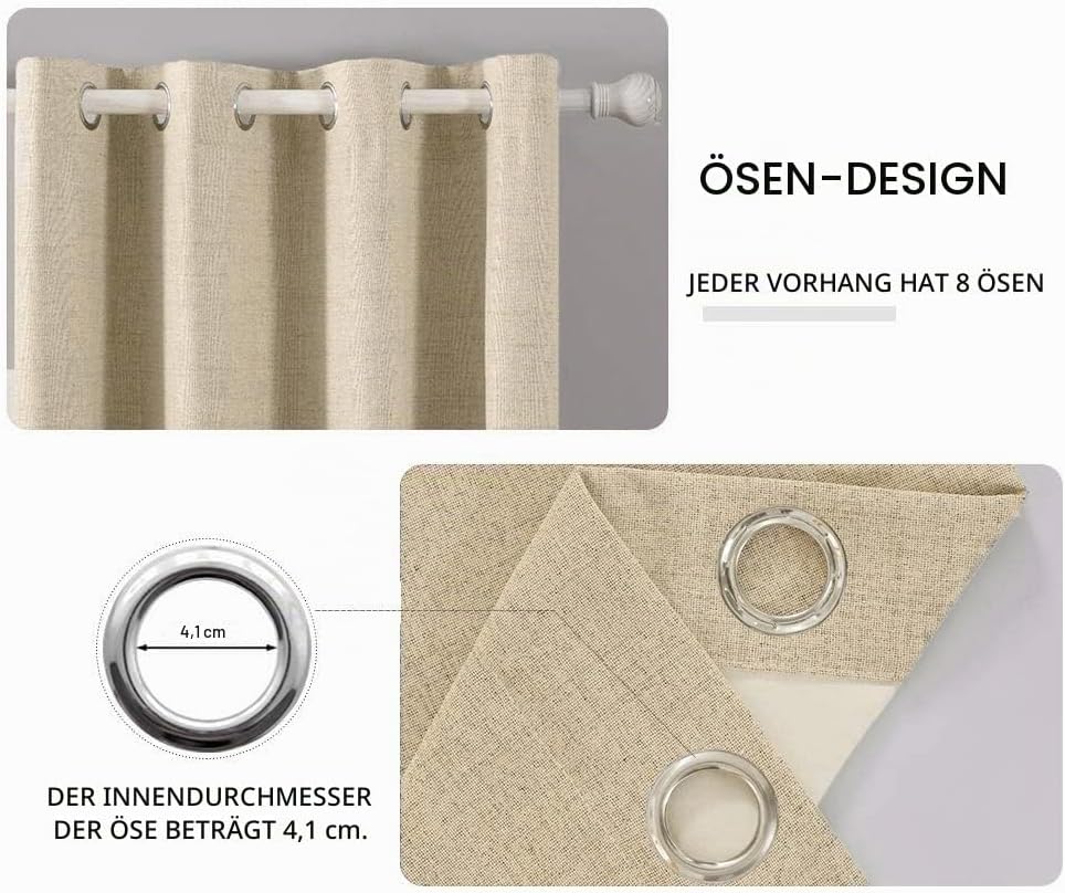 MIULEE Blickdichte Vorhänge Kurz Wärmeisolierende Vorhänge mit Ösen 100% Blickdicht Leinenoptik Gard