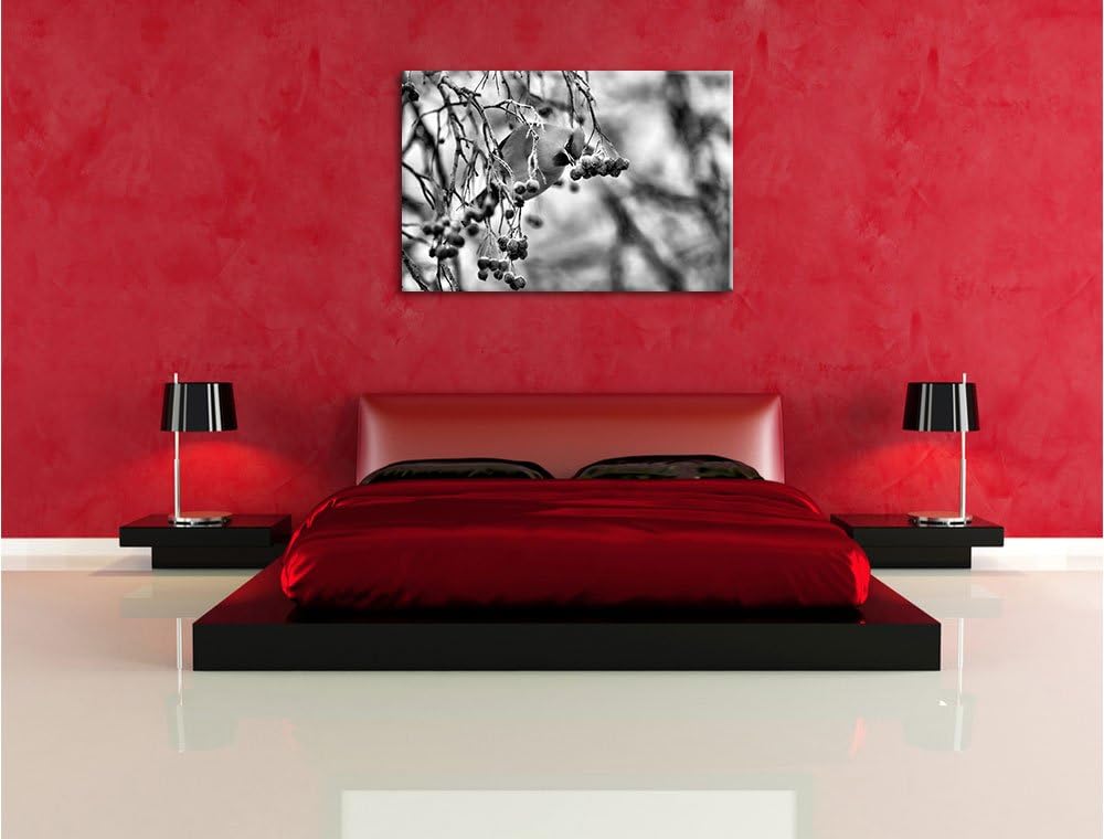 Pixxprint Kleiner Vogel im Vogelbeerbaum / 100x70cm Leinwandbild bespannt auf Holzrahmen/Wandbild Ku
