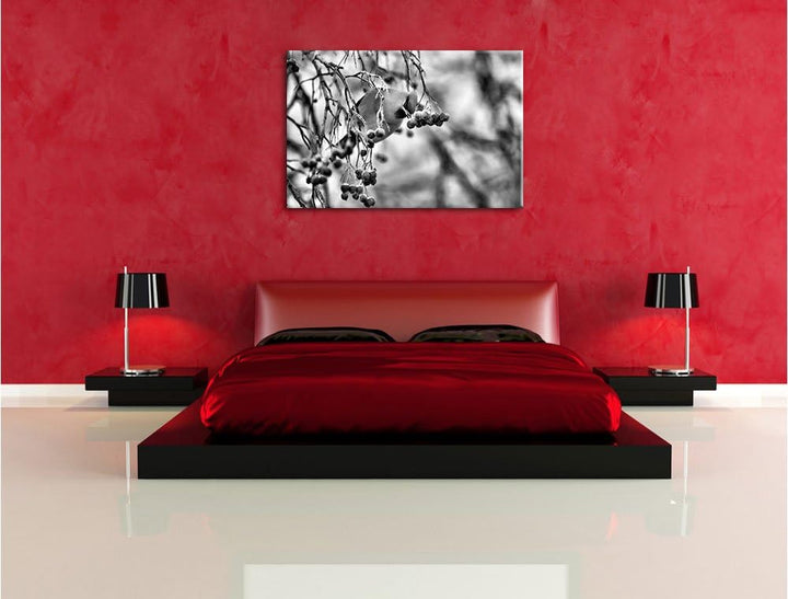 Pixxprint Kleiner Vogel im Vogelbeerbaum / 100x70cm Leinwandbild bespannt auf Holzrahmen/Wandbild Ku