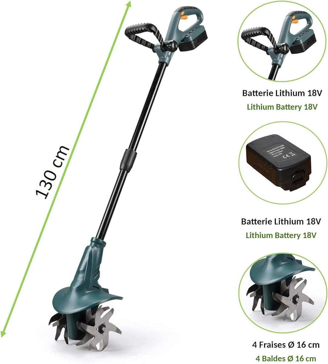 FISHTEC Kabellose Motorhacke mit Lithium Batterie 18V - Arbeitsbreite: 20 cm - Arbeitstiefe: 8 cm -