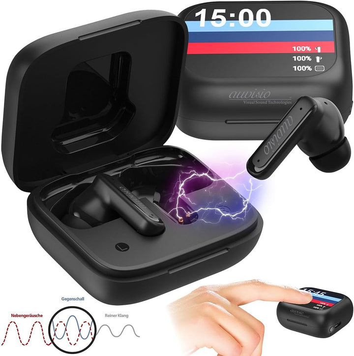 auvisio Kopfhörer mit Akku: 2er-Set Kabellose In-Ear-Kopfhörer mit Touchscreen-Ladecase & ANC (mit F