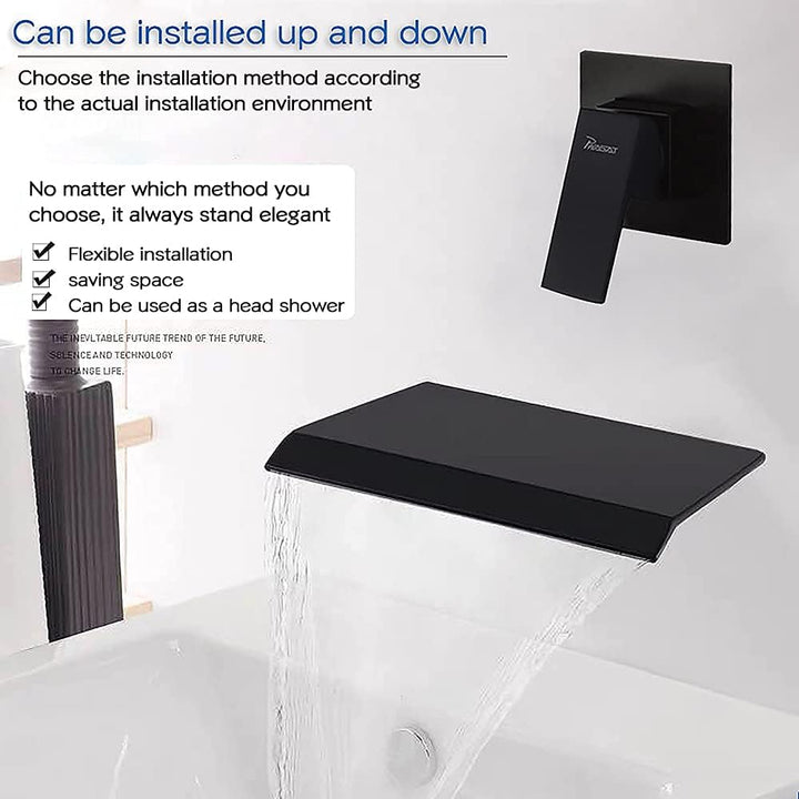 PHASAT Wasserhahn Wasserfall Wandmontage Schwarz Armatur Unterputz für Badezimmer Bad mit 20cm Ausla