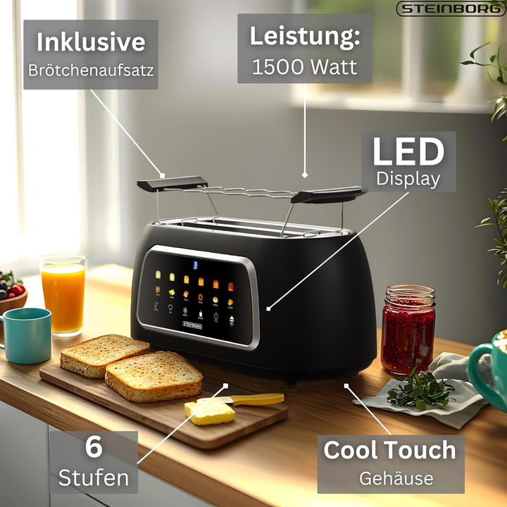 Steinborg® Automatik Toaster mit Brötchenaufsatz 4 Scheiben Automatische Liftfunktion ohne Hebel - L