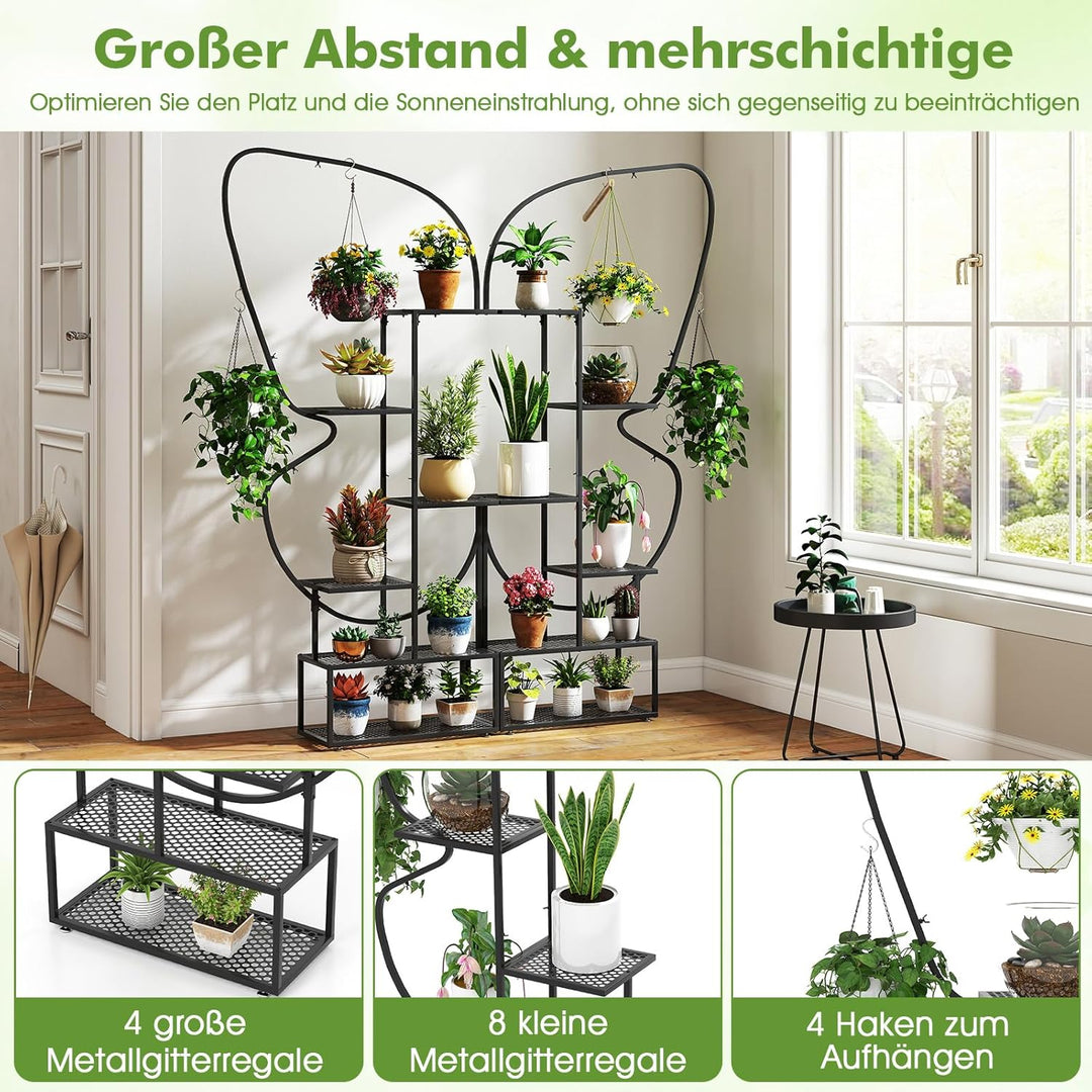 RELAX4LIFE 6-stufiger Pflanzenständer, Schmetterlingsförmiges Metallregal mit 12 Regalböden, 4 Haken