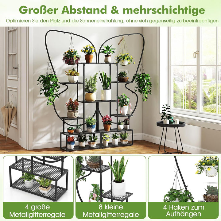 COSTWAY 6-stufiger Metall Pflanzenständer, schmetterlingsförmig, Blumenregal mit 4 Haken, Pflanzenre