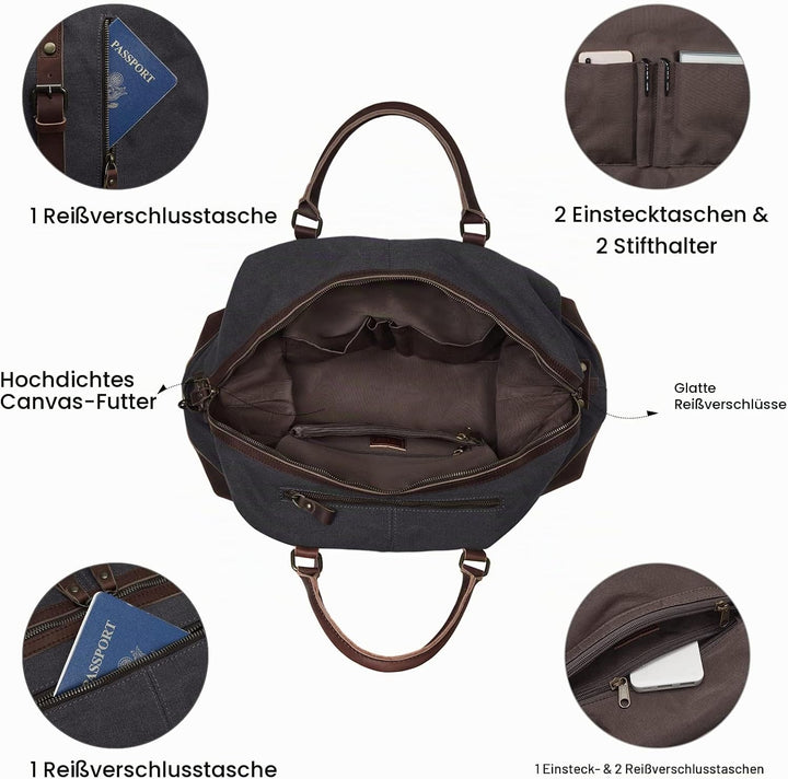 S-ZONE Reisetasche 60L Vintage Canvas Crazy Horse Leder Trim Unisex Handgepäck Weekender Tasche Spor