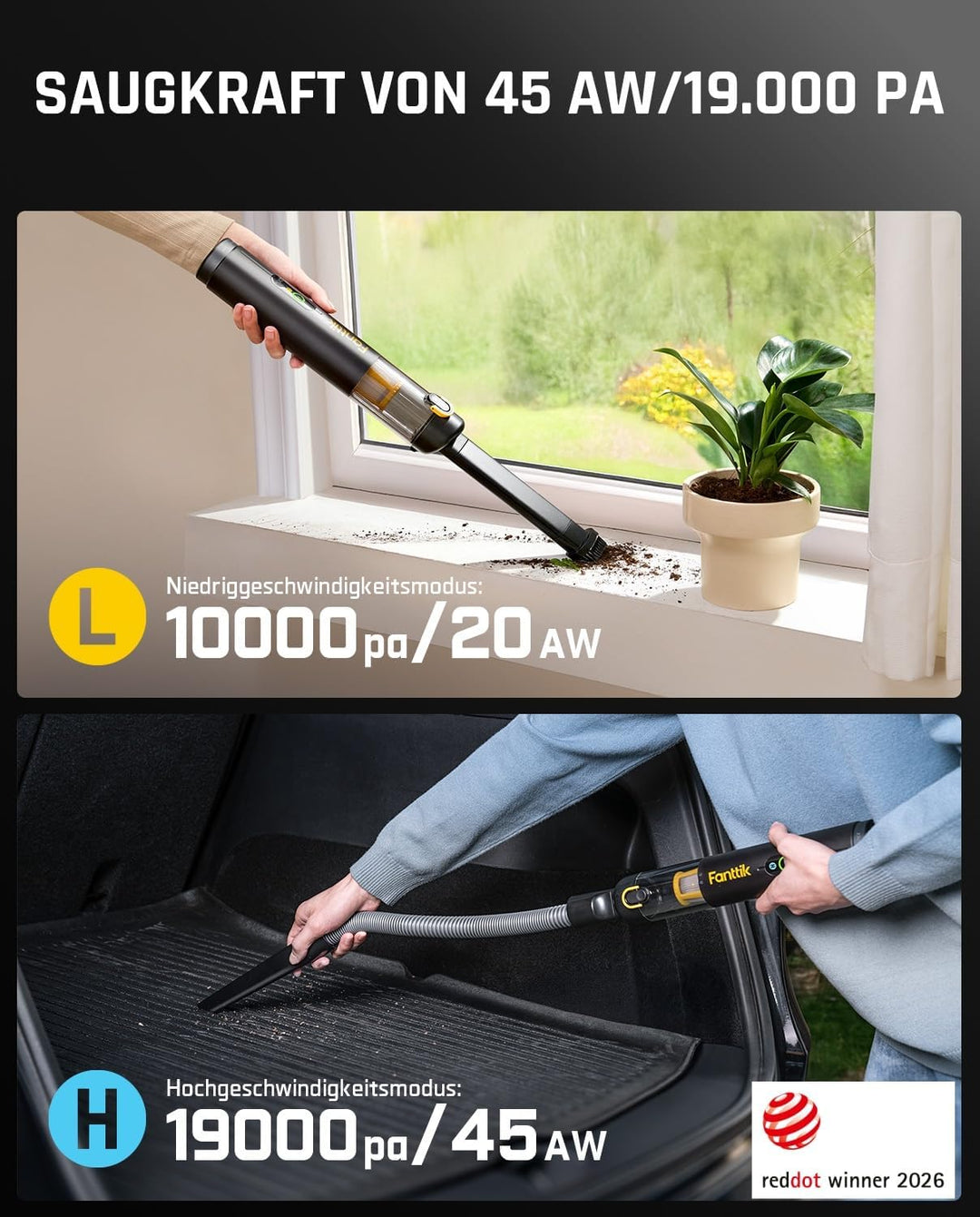 Fanttik Slim V10 Apex Kabelloser 4-in-1 Auto & Mini-Handstaubsauger mit 19000 Pa Saugkraft, Smarter
