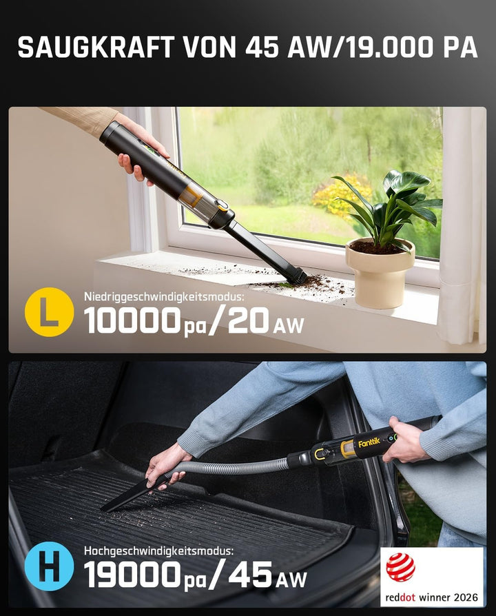 Fanttik Slim V10 Apex Kabelloser 4-in-1 Auto & Mini-Handstaubsauger mit 19000 Pa Saugkraft, Smarter