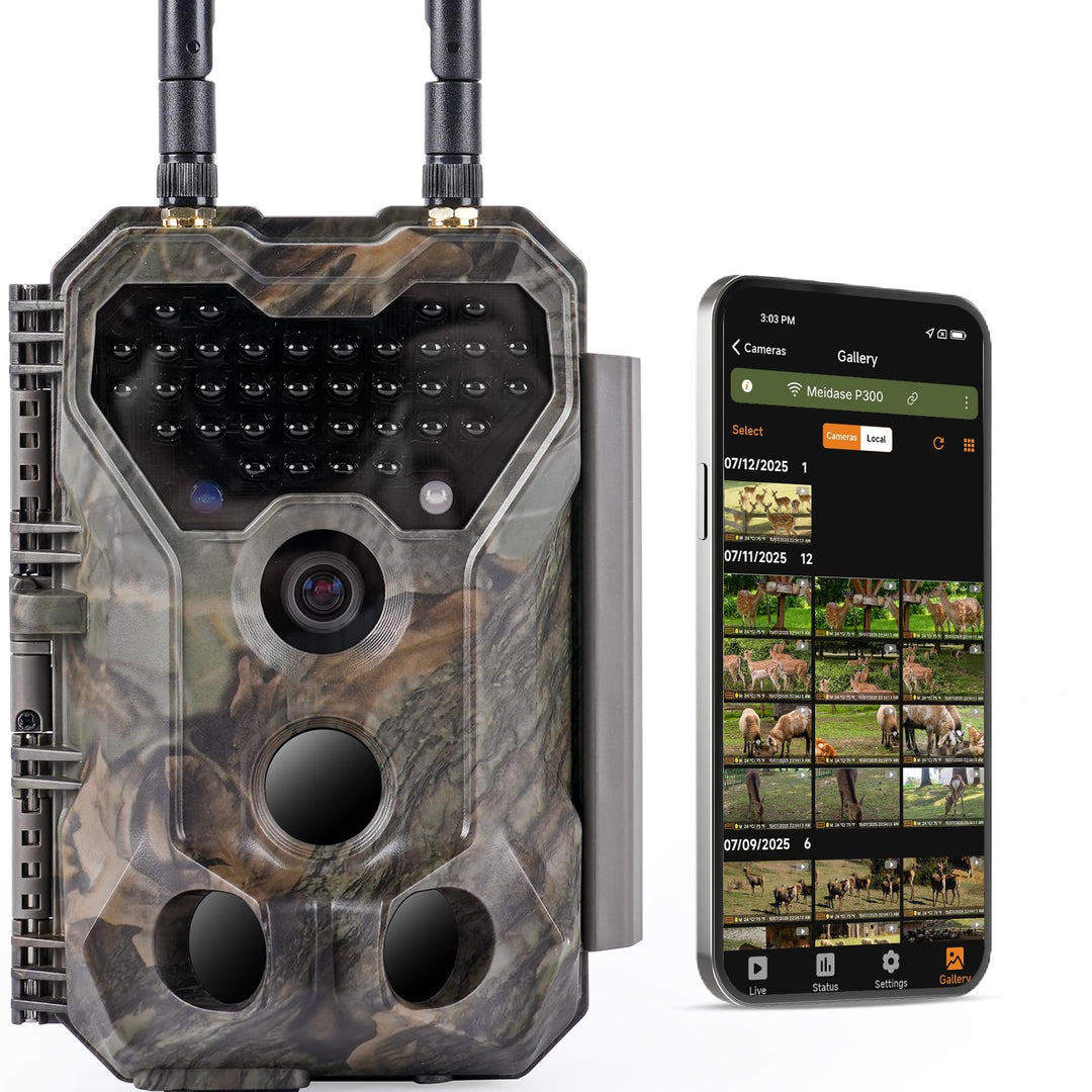 Meidase P300 Wildkamera, WiFi Bluetooth 50m Verbindungsreichweite, Dual Antenne, 64mp 1296p, Nachtse
